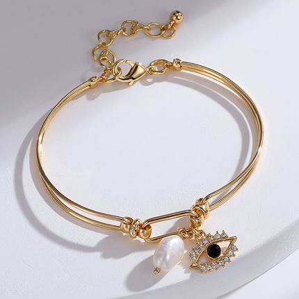 Metal Gold Plated Movable Adjustable Bracelet Pearl Diamond Embedded Devil Eye Embellished