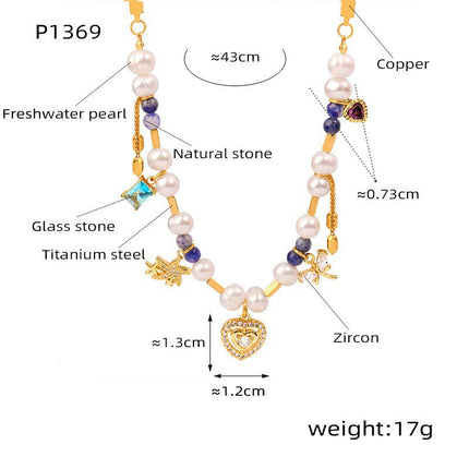Mix Match Geometric Abstract Material Natural Stone Freshwater Pearl Titanium Steel Embellished Necklace Stitching Heavy Industry to Create Copper Material Chain