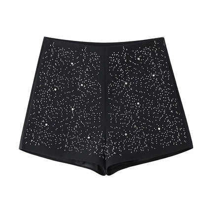 Spring Women Casual Artificial Jewelry Inlaid Embroidered Blazer High Waist Shorts Set