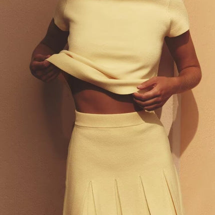 Jewelry Knitted Top Wide Pleated Knitted Mini Skirt Two Piece Sets