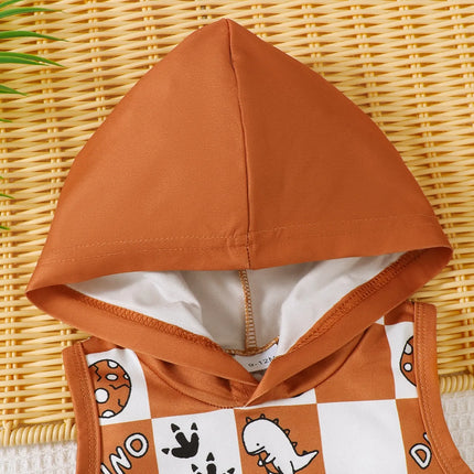 Children's Dinosaur Checkered Sleeveless Hooded Top and Shorts Set
