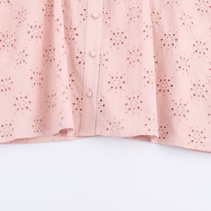 Women Clothing Casual Hollow Out Cutout Embroidered Shirt
