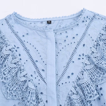 Women Clothing Autumn Hollowed out Embroidered Shirt