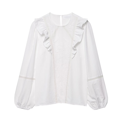 Women Clothing Solid Color Floral Embroidered Shirt