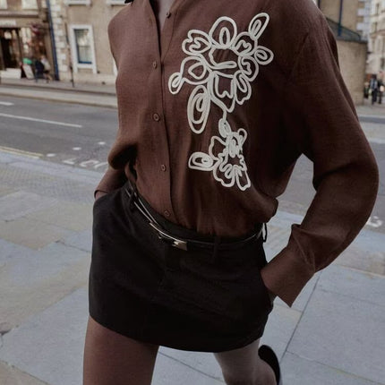 Autumn Women Clothing Commuting Loose Casual Polo Collar Floral Texture Long Sleeve Shirt