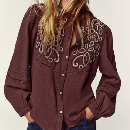 Women Clothing Casual Chest Embroidered Shirt