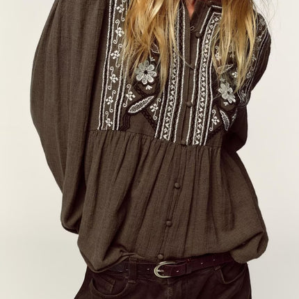 Women Clothing Autumn Artistic Ethnic Chest Embroidered round Neck Shirt
