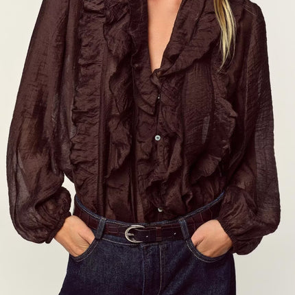 Women Clothing Autumn Laminated Decoration Long Sleeve Shirt
