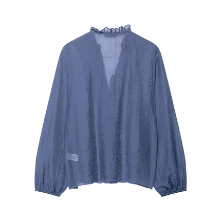 Women Clothing Autumn Laminated Decoration Long Sleeve Shirt