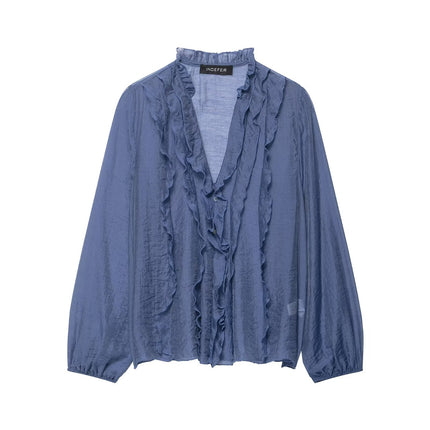 Women Clothing Autumn Laminated Decoration Long Sleeve Shirt
