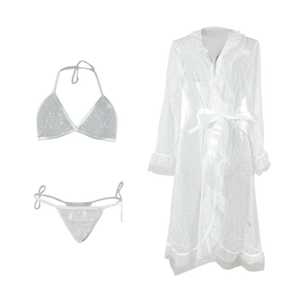 See through Nightgown Ruffled Lace up Sleepwear Set