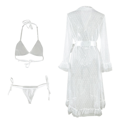 See through Nightgown Ruffled Lace up Sleepwear Set