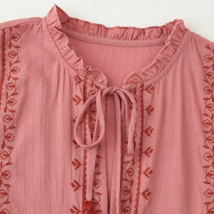 Women Clothing Long Sleeve Contrast Color Embroidered Shirt