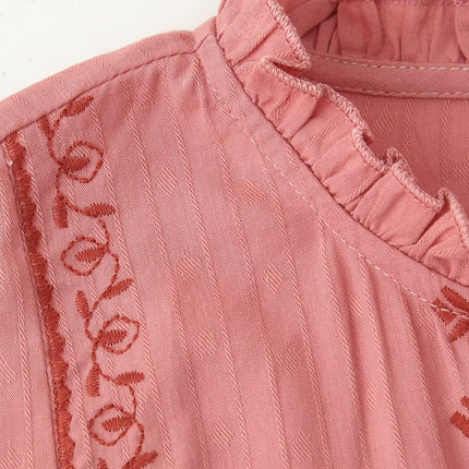 Women Clothing Long Sleeve Contrast Color Embroidered Shirt