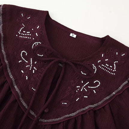 Women Long Sleeve Casual Beaded Embroidered Shirt