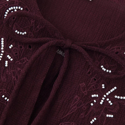 Women Long Sleeve Casual Beaded Embroidered Shirt