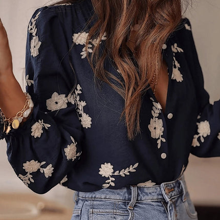 Popular Spring Autumn Women Cardigan Puff Sleeve Wooden Ear Collar Embroidered Casual Shirt Top