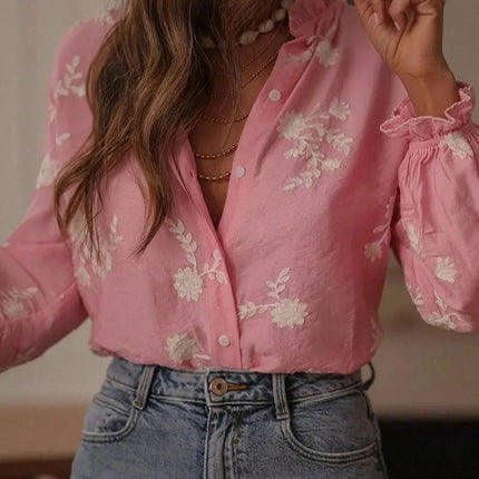Popular Spring Autumn Women Cardigan Puff Sleeve Wooden Ear Collar Embroidered Casual Shirt Top