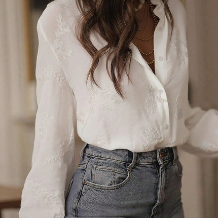 Popular Spring Autumn Women Cardigan Puff Sleeve Wooden Ear Collar Embroidered Casual Shirt Top