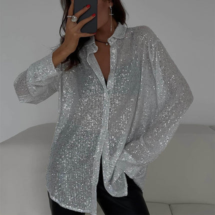 Spring Summer Sequin Top Collared Long Sleeve Cardigan Basic Women Clothing