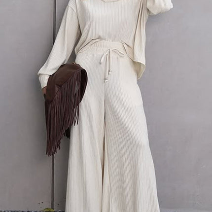 Women Clothing Casual Turtleneck Long Sleeve Loose Fitting Wide Leg Trousers Casual Two Piece Sets Autumn Winter