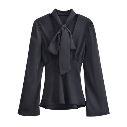 Women Clothing Winter Elegant Silk Satin Texture V neck Scarf Shirt