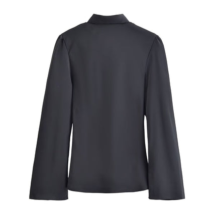 Women Clothing Winter Elegant Silk Satin Texture V neck Scarf Shirt