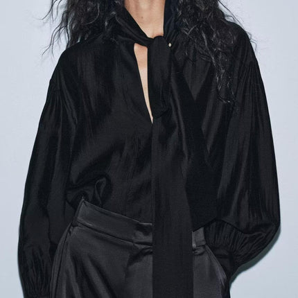 Women Clothing Winter Shirt Loose Bow Decoration Drape Shirt