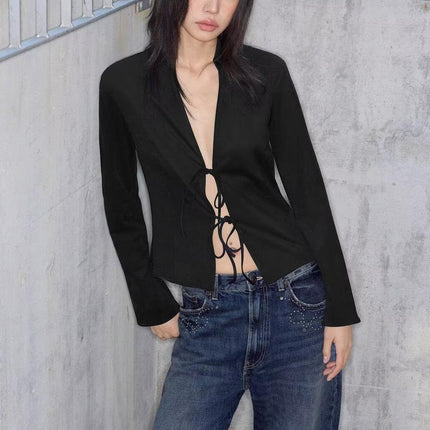 Women Clothing Winter Graceful Fashionable Suede Effect Long Sleeve Lace up Shirt