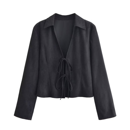 Women Clothing Winter Graceful Fashionable Suede Effect Long Sleeve Lace up Shirt