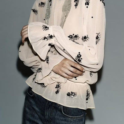 Winter Fashionable Temperamental All Match Sequin Translucent Shirt