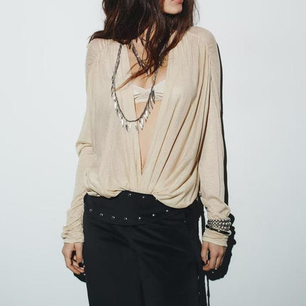 Women Clothing Winter Deep V Plunge neck Slimming Pleated Long Sleeved T shirt Top