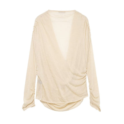 Women Clothing Winter Deep V Plunge neck Slimming Pleated Long Sleeved T shirt Top