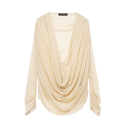 Women Clothing Winter Deep V Plunge neck Slimming Pleated Long Sleeved T shirt Top