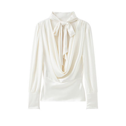 Women Clothing Top Product Silk Satin Texture Bowknot Decoration Backless Shirt