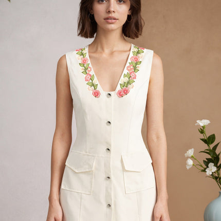 Gold White Single Breasted Sleeveless Vest Dress Elegant Socialite Waist Tight Embroidered Dress Women
