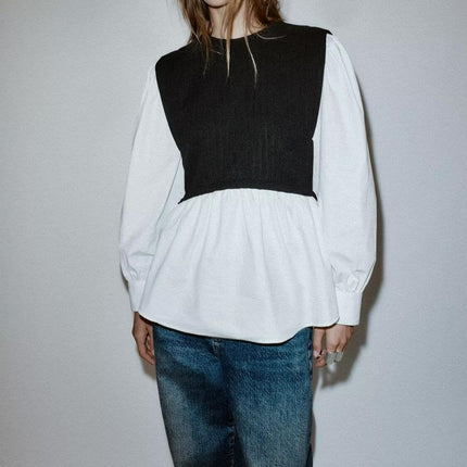 Women Clothing Winter Korean Simple Graceful Color Contrast Patchwork Faux Two Piece Top