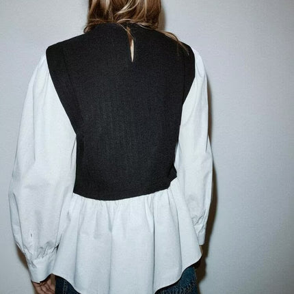 Women Clothing Winter Korean Simple Graceful Color Contrast Patchwork Faux Two Piece Top