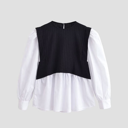 Women Clothing Winter Korean Simple Graceful Color Contrast Patchwork Faux Two Piece Top