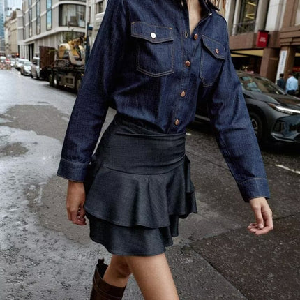 Sexy Antique Dark Blue Denim Shirt Women Autumn Polo Collar Loose Single Breasted Long Sleeve Top