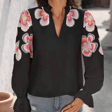 Top V neck Puff Sleeve Ruffled Printed Solid Color T Blouse