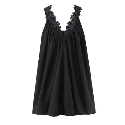 Sexy V neck Sleeveless Lace Stitching Ruffle Design Dress