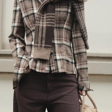 Women Clothing Top Product Slim Fit Plaid Shirt