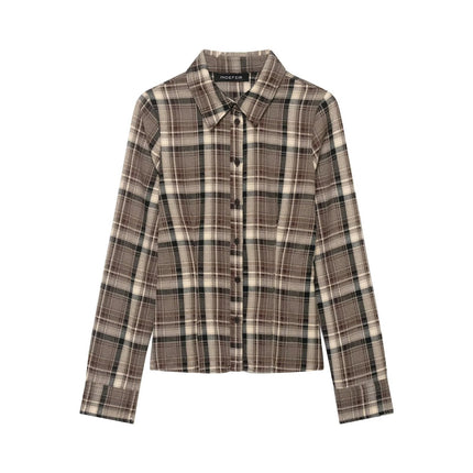 Women Clothing Top Product Slim Fit Plaid Shirt