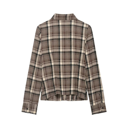 Women Clothing Top Product Slim Fit Plaid Shirt