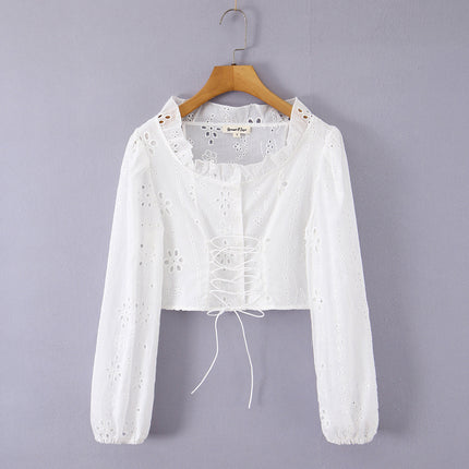 Deep V Plunge neck Hollow Out Cutout Embroidered Bishop Sleeves Top Women Design Lace up Waist Controlled Sexy Shirt