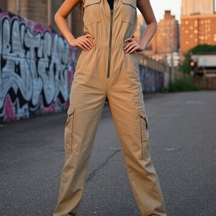 Women Workwear Multi Pocket Zipper V neck Tight Waist Jumpsuit Loose Trousers