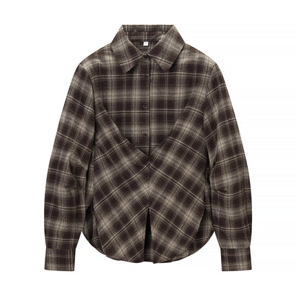 Winter Women Clothing Personalized Waist Design Retro Plaid Shirt