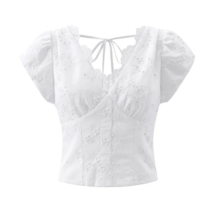 Vietnam Niche Sweet Embroidered Hollow Out Cutout Three Dimensional Jacquard Design Back Zipper Puff Sleeve V neck Shirt Top