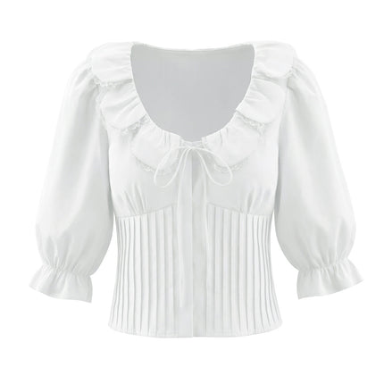 French Sweet Design Petal Scoop Lace Stitching Ruffle Slim Shirt Solid Color Tied Top
